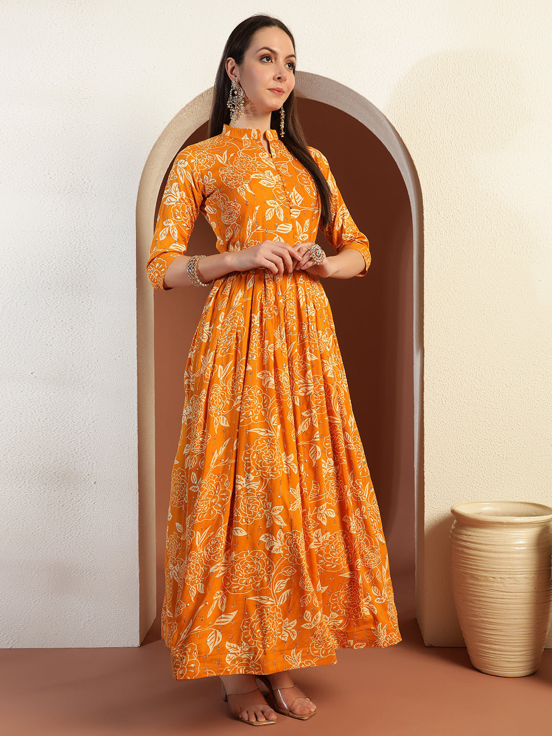 Floral Print Flared Summer Dress with Mirror Sequin Embellishments & Matching belt