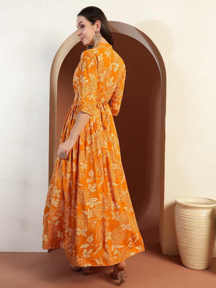 Floral Print Flared Summer Dress with Mirror Sequin Embellishments & Matching belt