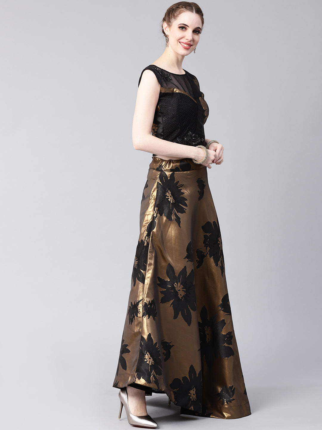Embellished Crop Top Lehenga Choli with Metallic Foil Print