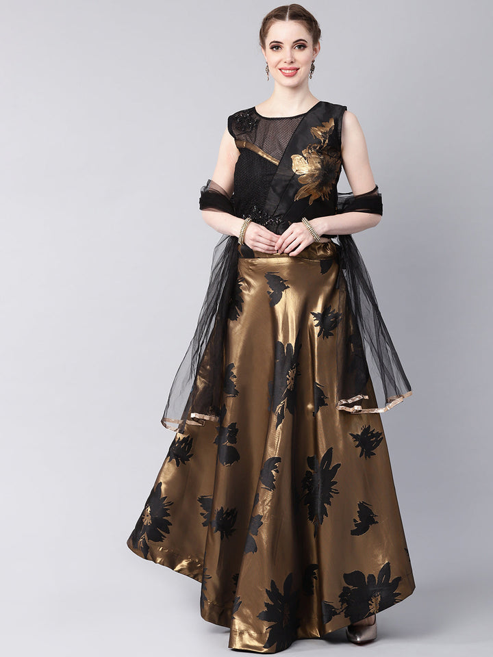 Embellished Crop Top Lehenga Choli with Metallic Foil Print