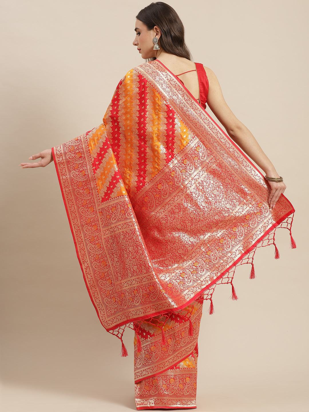 Red & Orange Silk Meenakari Saree Embellished With Resham Weaving