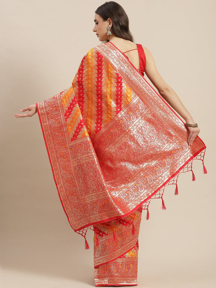 Red & Orange Silk Meenakari Saree Embellished With Resham Weaving
