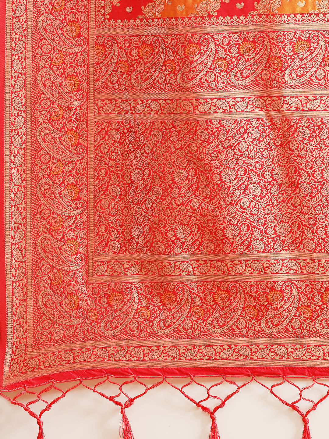 Red & Orange Silk Meenakari Saree Embellished With Resham Weaving