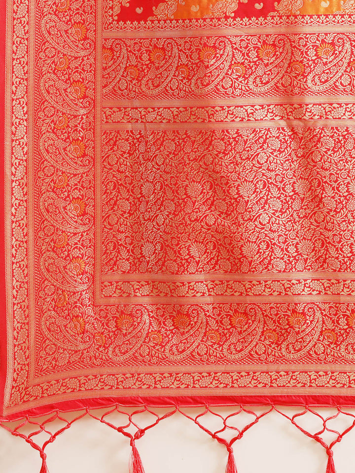 Red & Orange Silk Meenakari Saree Embellished With Resham Weaving
