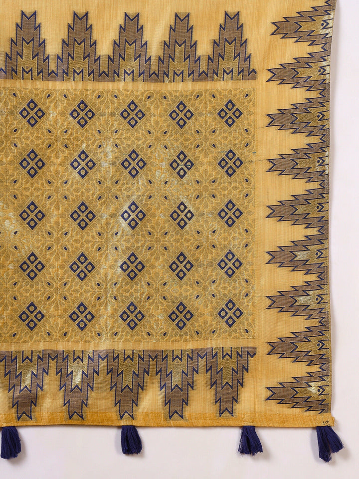 Banarasi Chanderi Jute Cotton Silk Saree with Temple Pattern Meenakari Weaving & Tassles