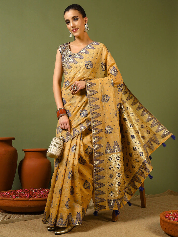Banarasi Chanderi Jute Cotton Silk Saree with Temple Pattern Meenakari Weaving & Tassles