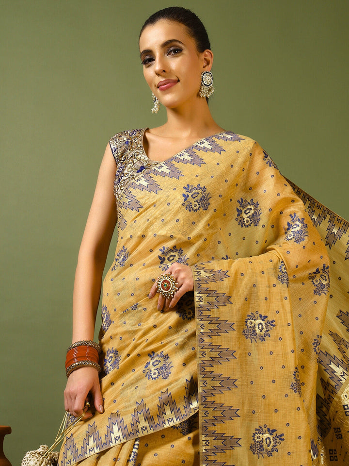 Banarasi Chanderi Jute Cotton Silk Saree with Temple Pattern Meenakari Weaving & Tassles