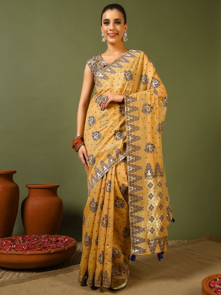 Banarasi Chanderi Jute Cotton Silk Saree with Temple Pattern Meenakari Weaving & Tassles