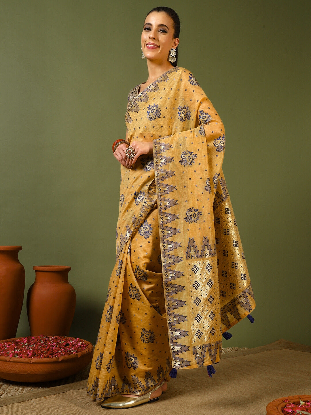 Banarasi Chanderi Jute Cotton Silk Saree with Temple Pattern Meenakari Weaving & Tassles