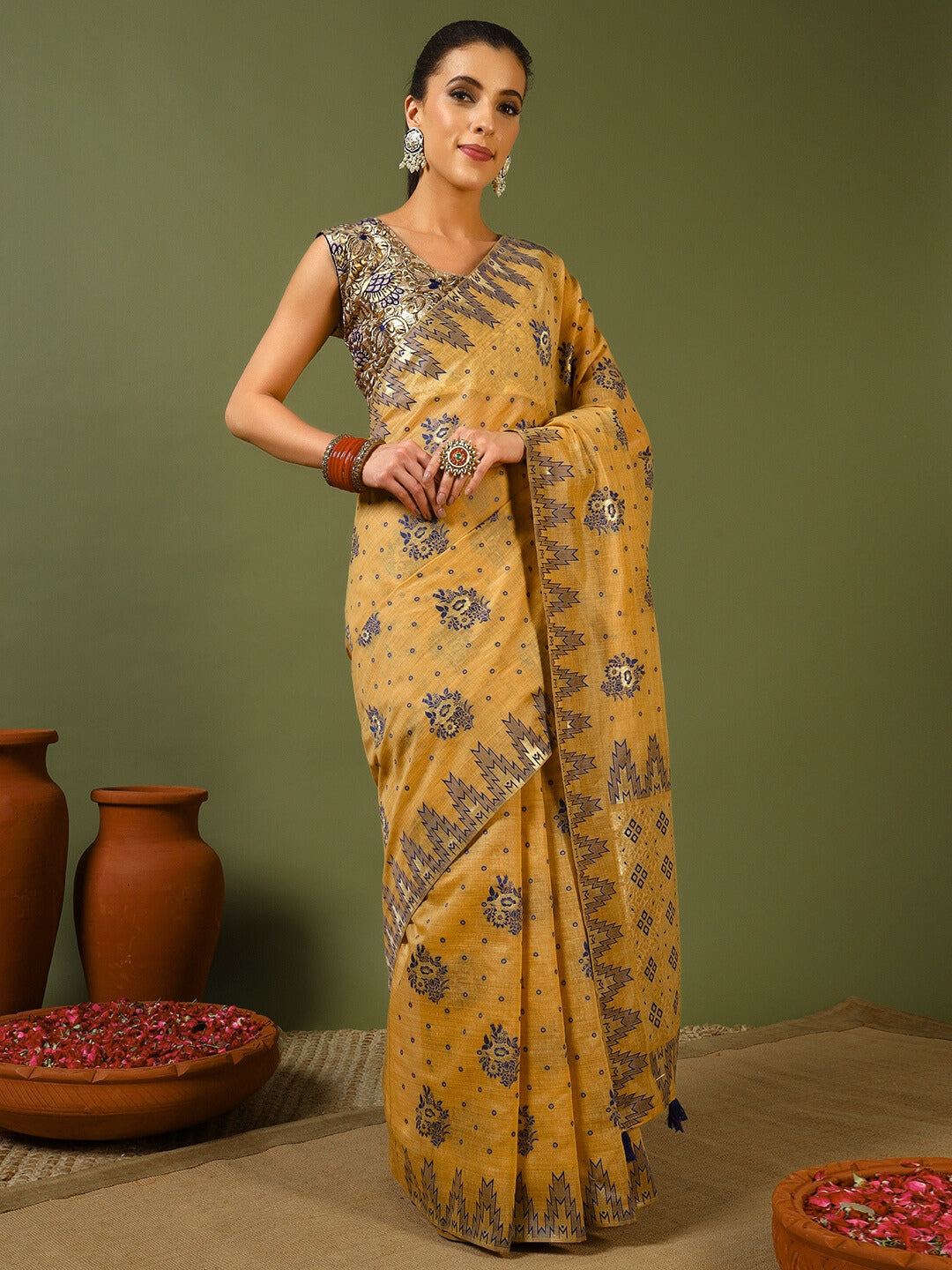 Banarasi Chanderi Jute Cotton Silk Saree with Temple Pattern Meenakari Weaving & Tassles