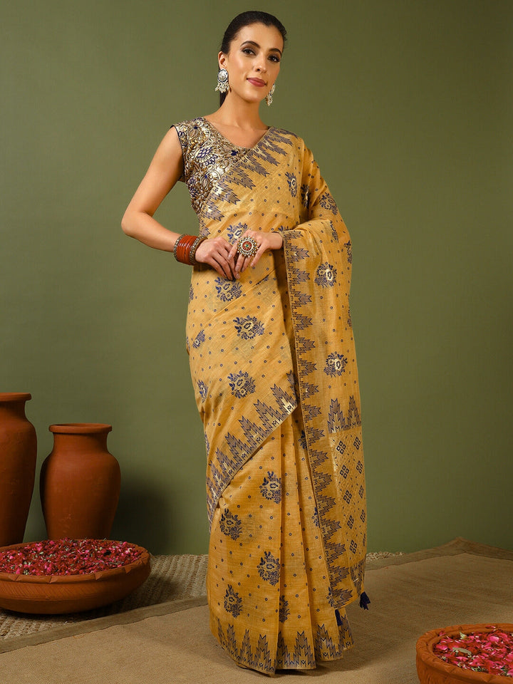 Banarasi Chanderi Jute Cotton Silk Saree with Temple Pattern Meenakari Weaving & Tassles