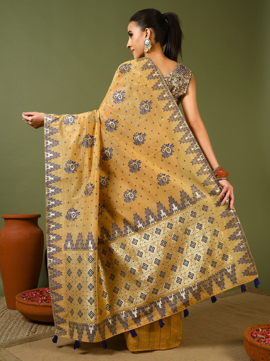 Banarasi Chanderi Jute Cotton Silk Saree with Temple Pattern Meenakari Weaving & Tassles