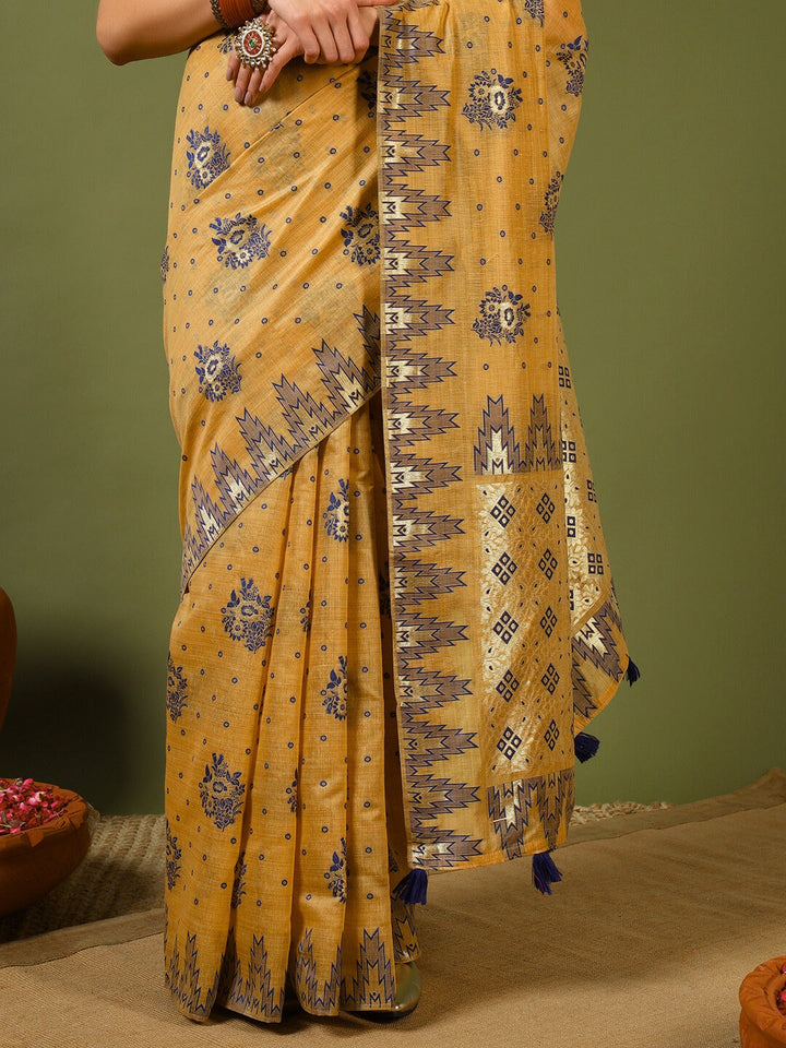 Banarasi Chanderi Jute Cotton Silk Saree with Temple Pattern Meenakari Weaving & Tassles