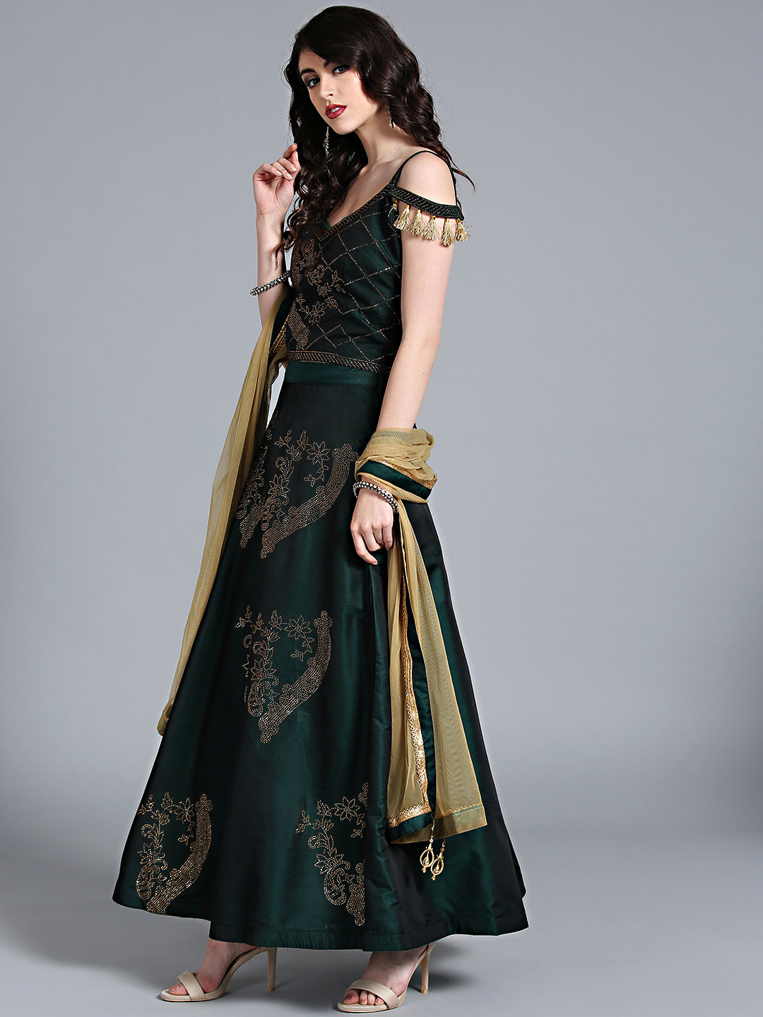 Sequin Embellished Silk Crop Top Lehenga Choli