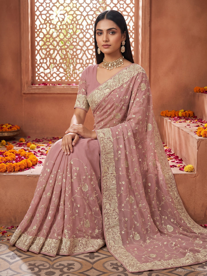 Georgette Saree with Zari Embroidered Floral Border and Blouse Piece