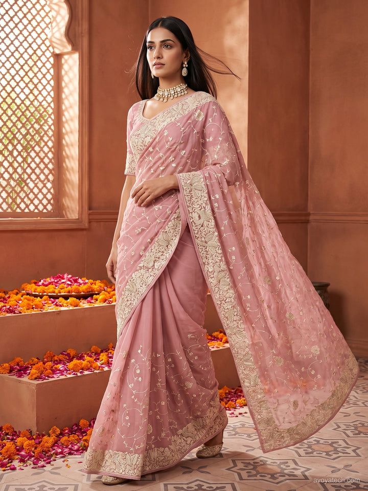 Georgette Saree with Zari Embroidered Floral Border and Blouse Piece