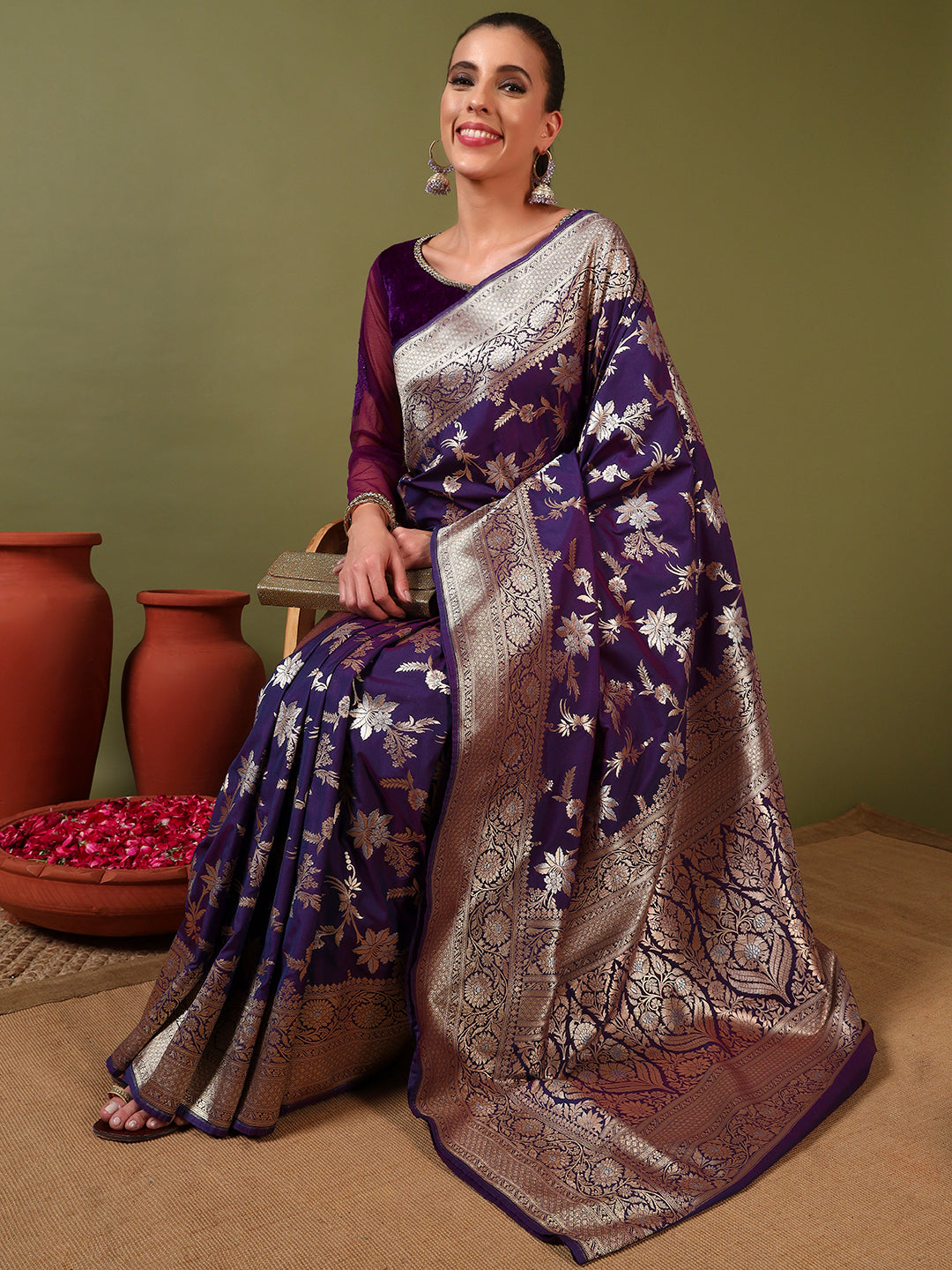 Banarasi Handloom Silk Saree with Intricate Gold and Silver Zari Meenakari Weaving