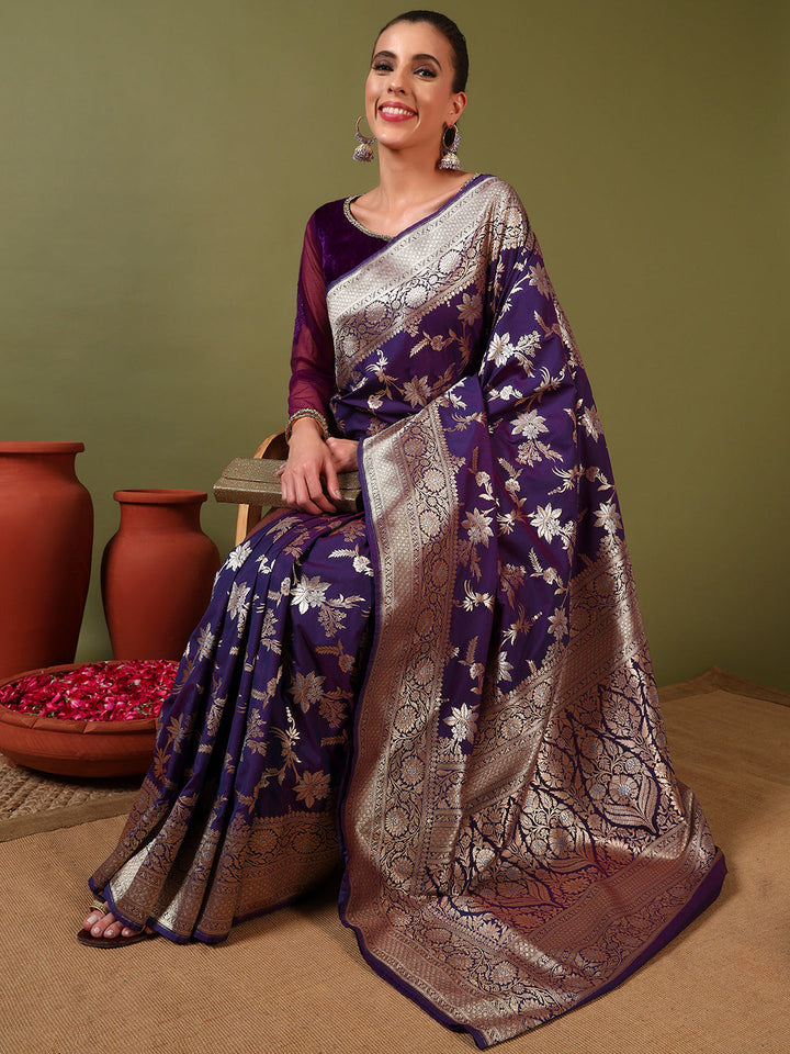 Banarasi Handloom Silk Saree with Intricate Gold and Silver Zari Meenakari Weaving
