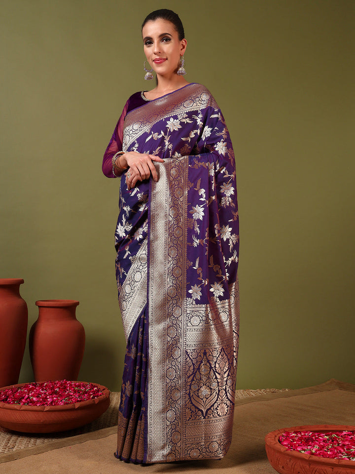 Banarasi Handloom Silk Saree with Intricate Gold and Silver Zari Meenakari Weaving