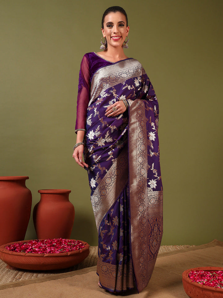 Banarasi Handloom Silk Saree with Intricate Gold and Silver Zari Meenakari Weaving