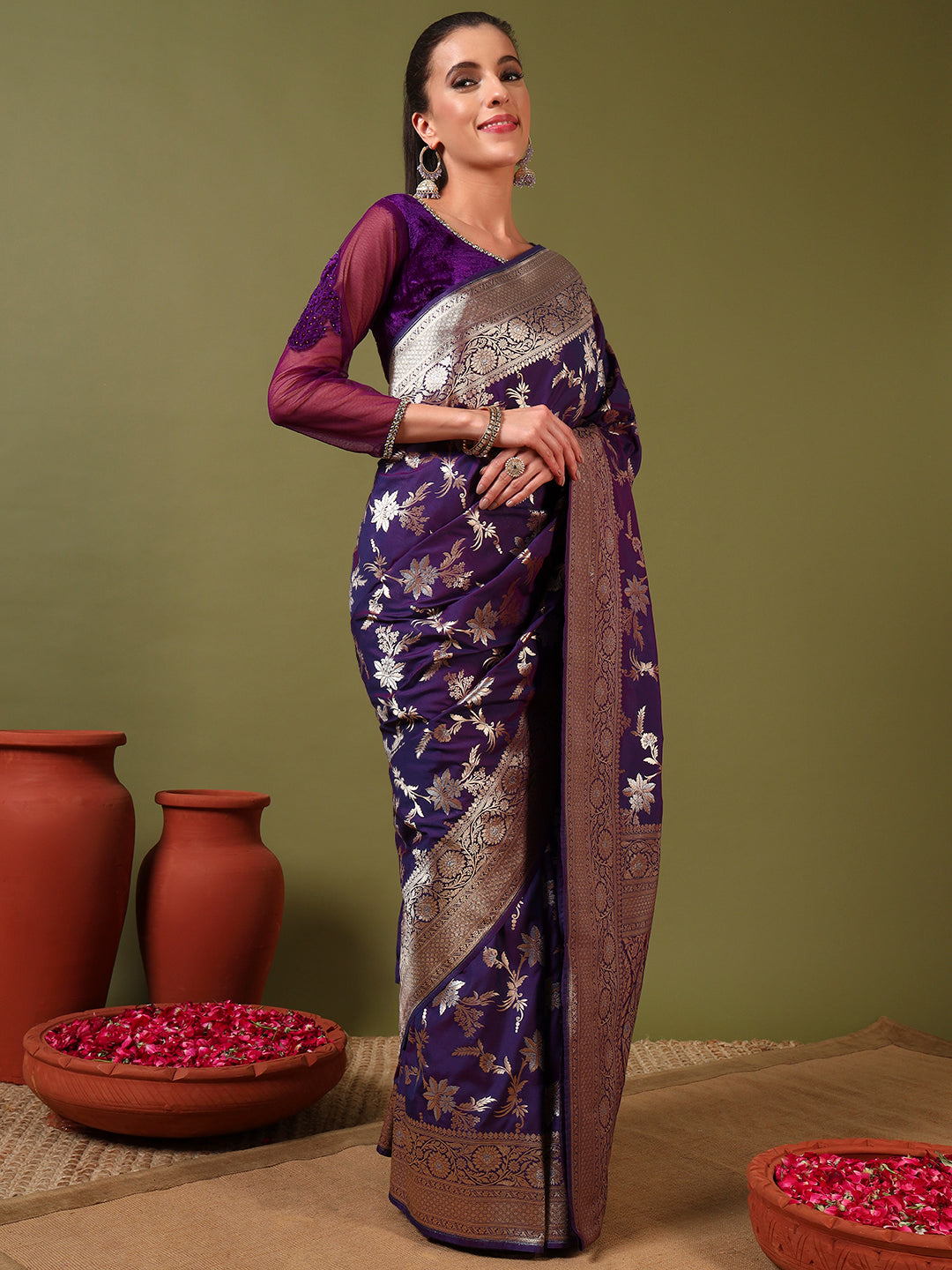 Banarasi Handloom Silk Saree with Intricate Gold and Silver Zari Meenakari Weaving