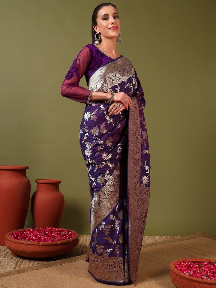Banarasi Handloom Silk Saree with Intricate Gold and Silver Zari Meenakari Weaving