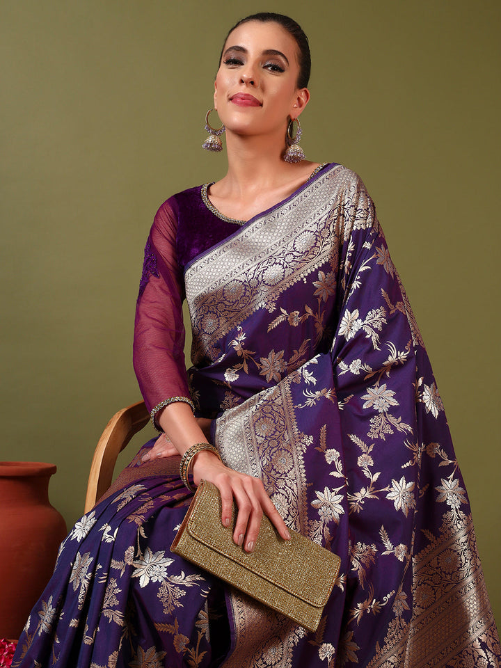 Banarasi Handloom Silk Saree with Intricate Gold and Silver Zari Meenakari Weaving
