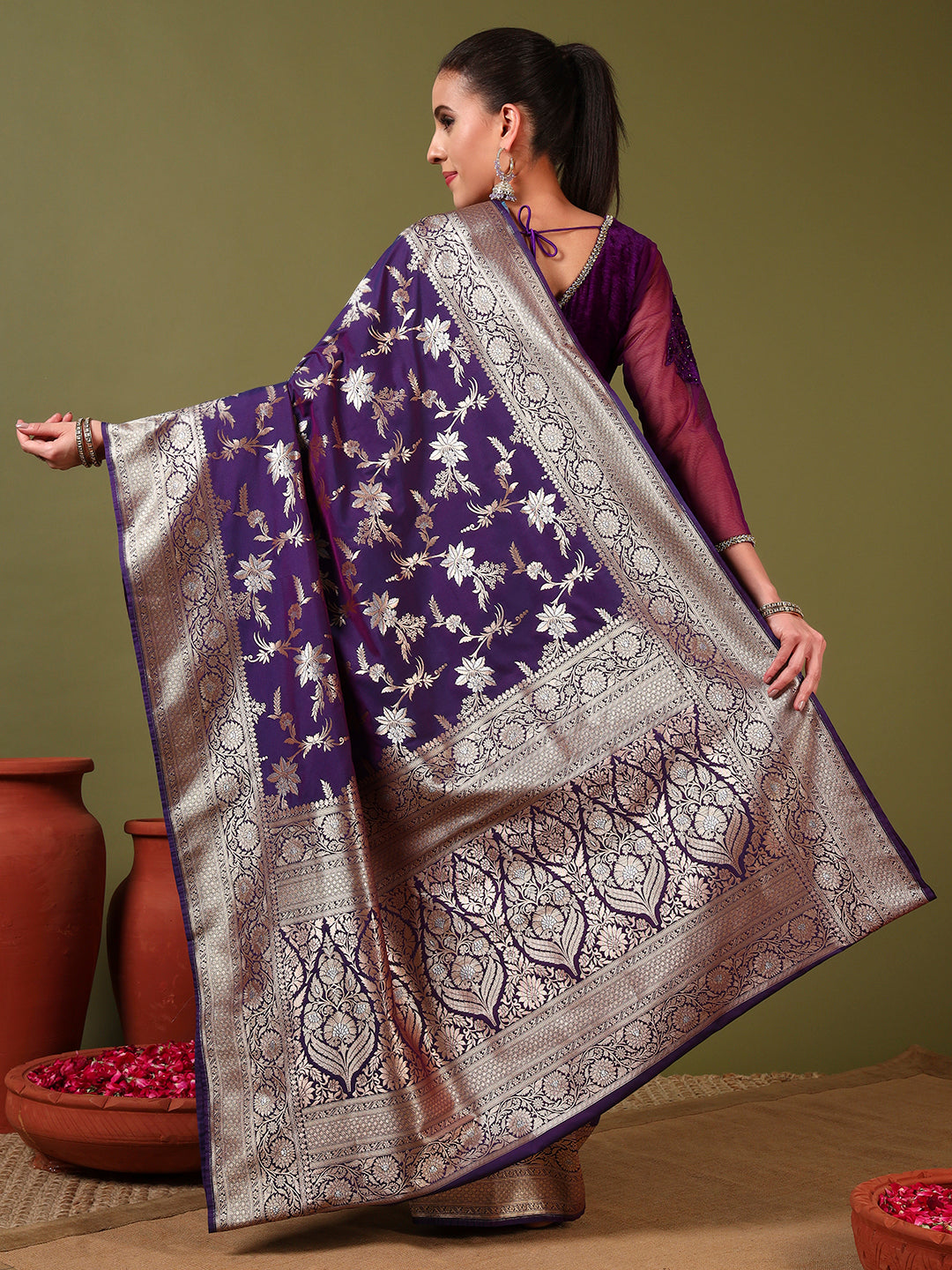 Banarasi Handloom Silk Saree with Intricate Gold and Silver Zari Meenakari Weaving