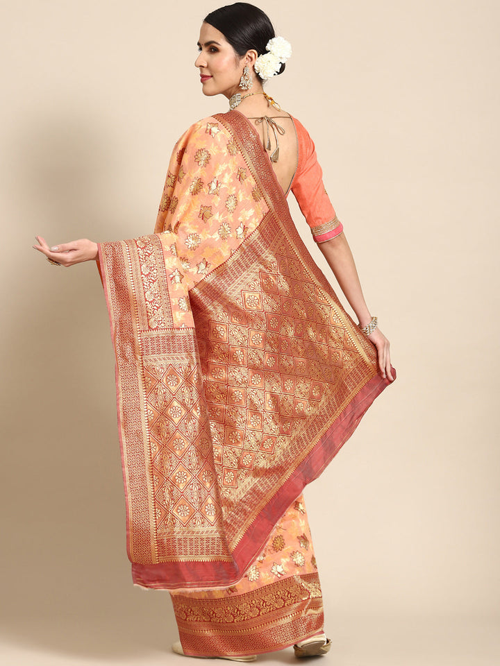 Peach Banarasi Floral Zari Woven Silk Saree With Red Border Blouse