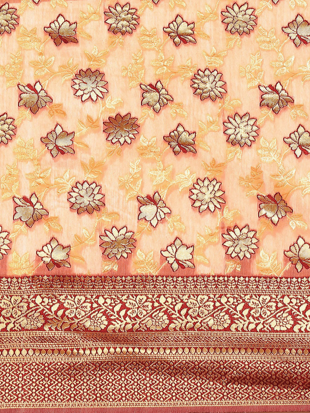 Peach Banarasi Floral Zari Woven Silk Saree With Red Border Blouse