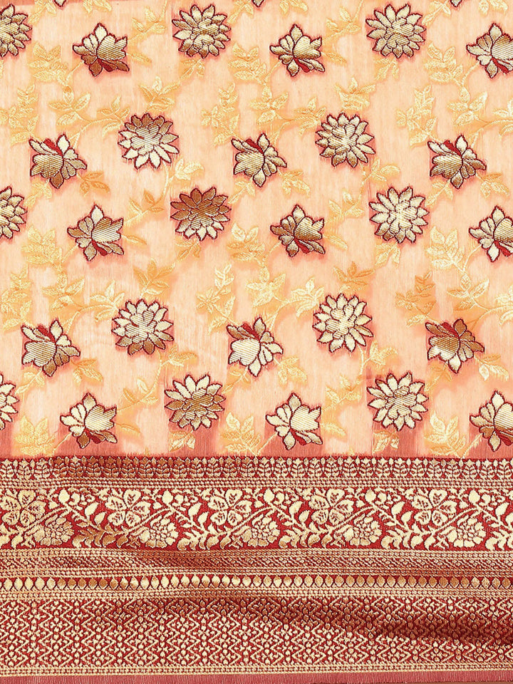 Peach Banarasi Floral Zari Woven Silk Saree With Red Border Blouse