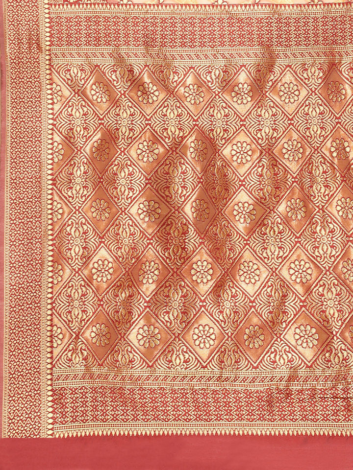 Peach Banarasi Floral Zari Woven Silk Saree With Red Border Blouse