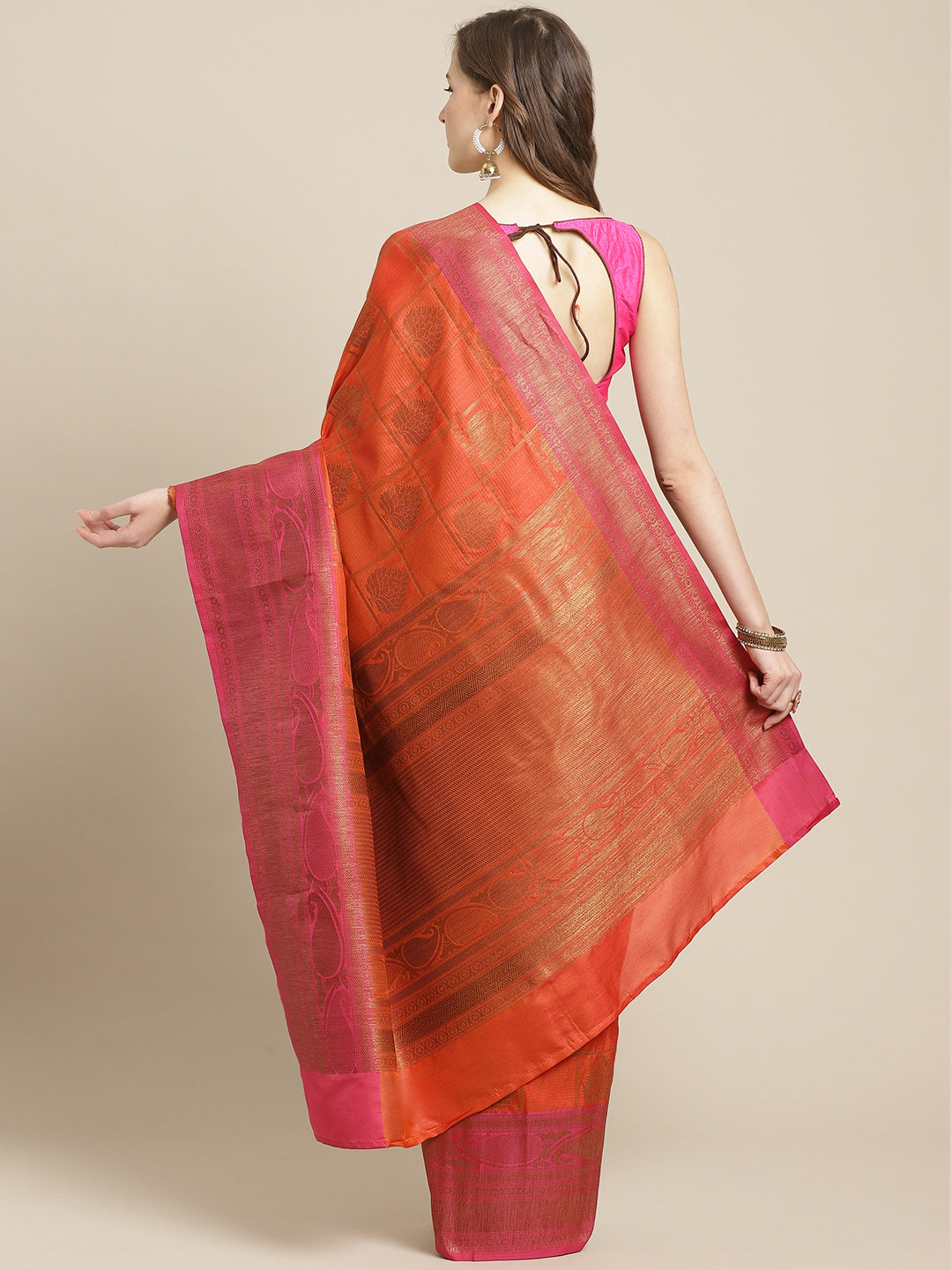 NWJL5433 Traditional Checked Banarasi Jute Silk Saree with Oxidised Zari and contrast border