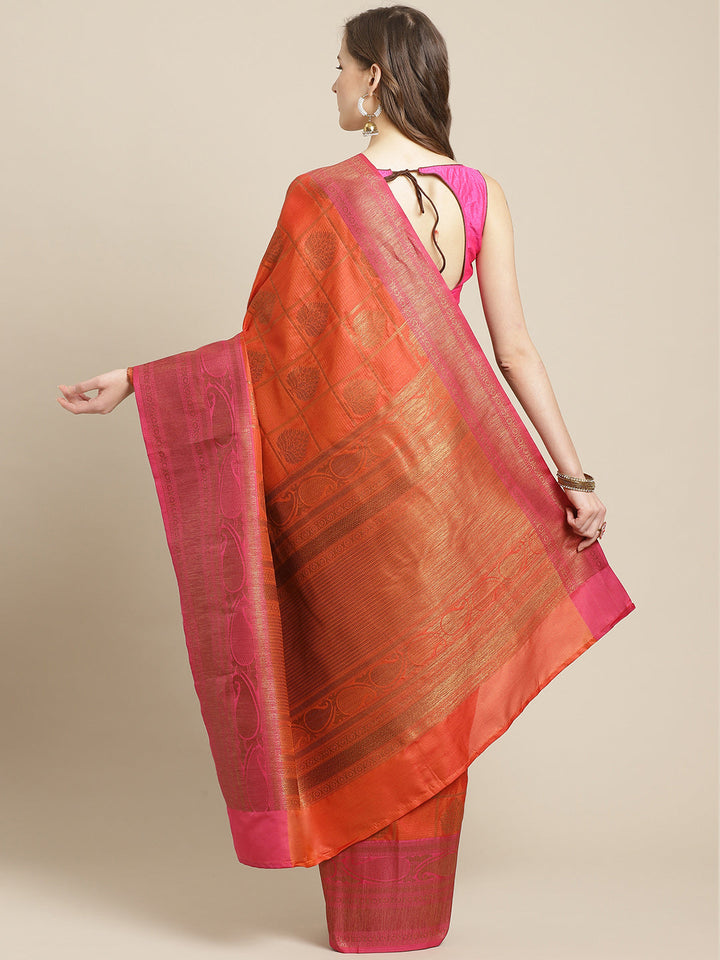 NWJL5433 Traditional Checked Banarasi Jute Silk Saree with Oxidised Zari and contrast border