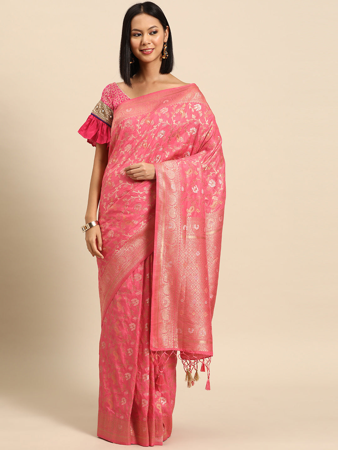 Bright Pink Floral & Paisley Gold Zari Motifs Jute Silk Saree