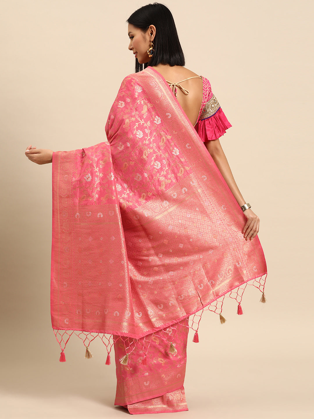 Bright Pink Floral & Paisley Gold Zari Motifs Jute Silk Saree