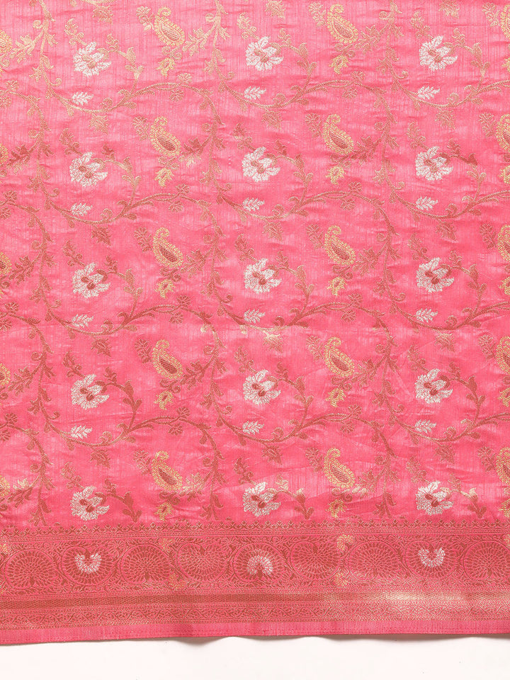 Bright Pink Floral & Paisley Gold Zari Motifs Jute Silk Saree