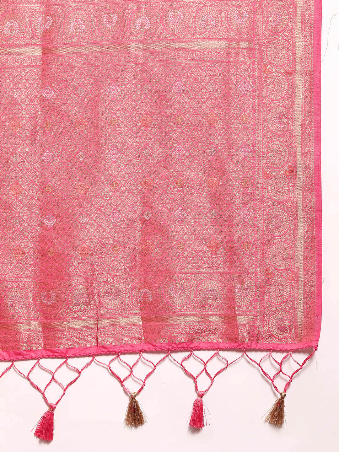 Bright Pink Floral & Paisley Gold Zari Motifs Jute Silk Saree