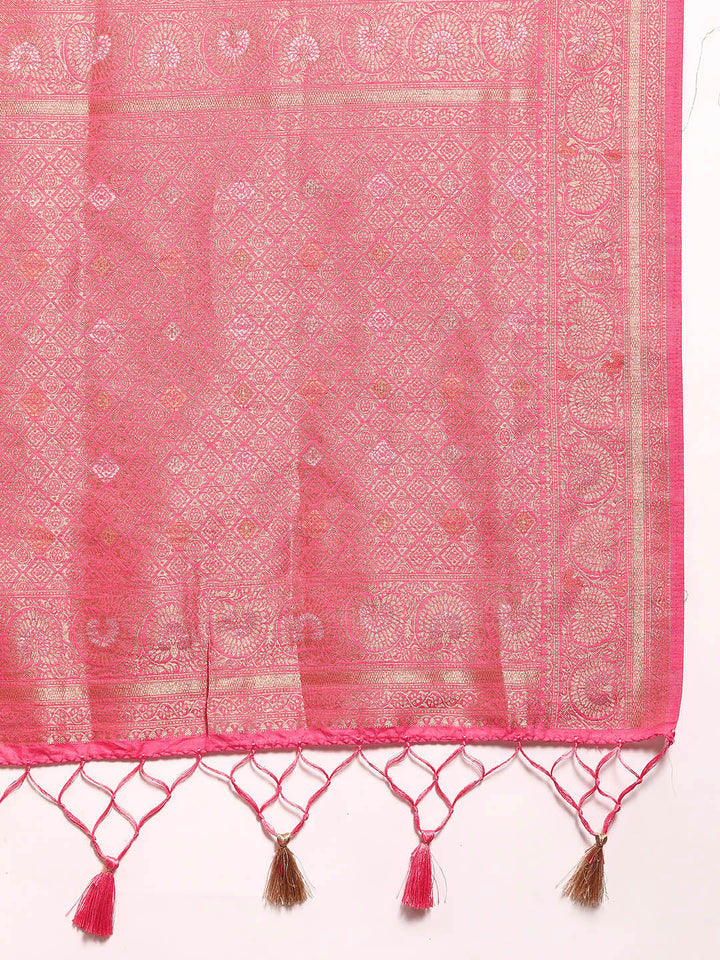 Bright Pink Floral & Paisley Gold Zari Motifs Jute Silk Saree