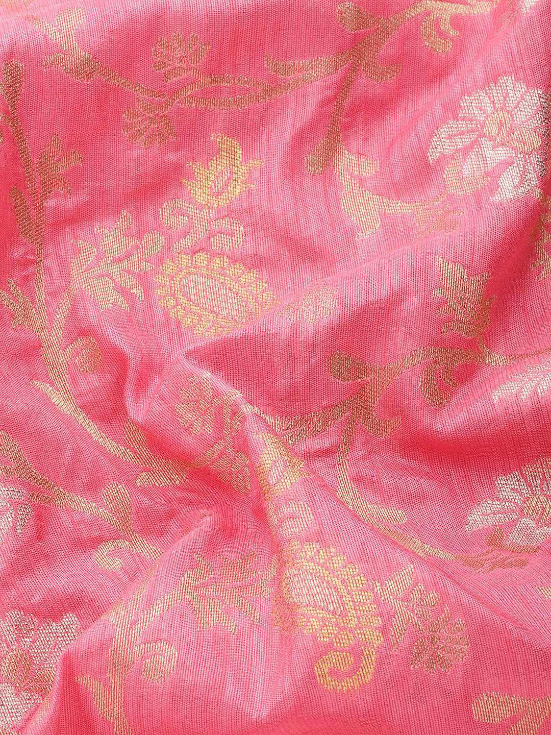 Bright Pink Floral & Paisley Gold Zari Motifs Jute Silk Saree
