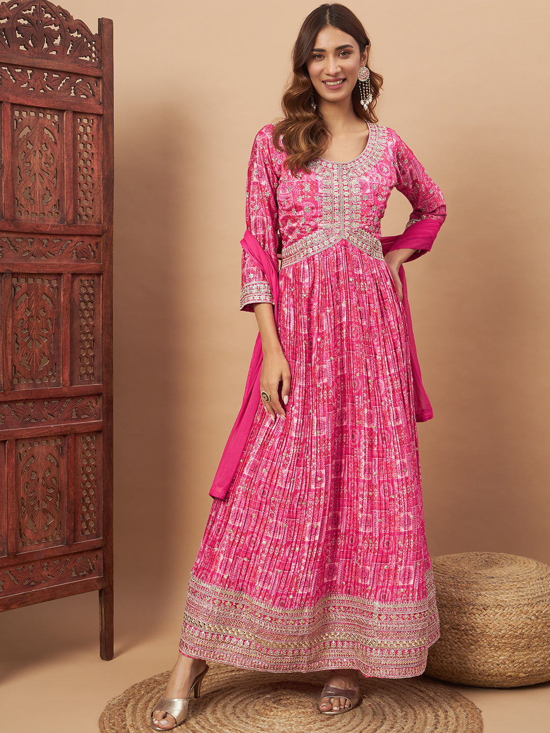 Chhabra 555 Alia-Style Embellished Digital Print Pleated Gown with Zari Embroidery & Ombre Dupatta