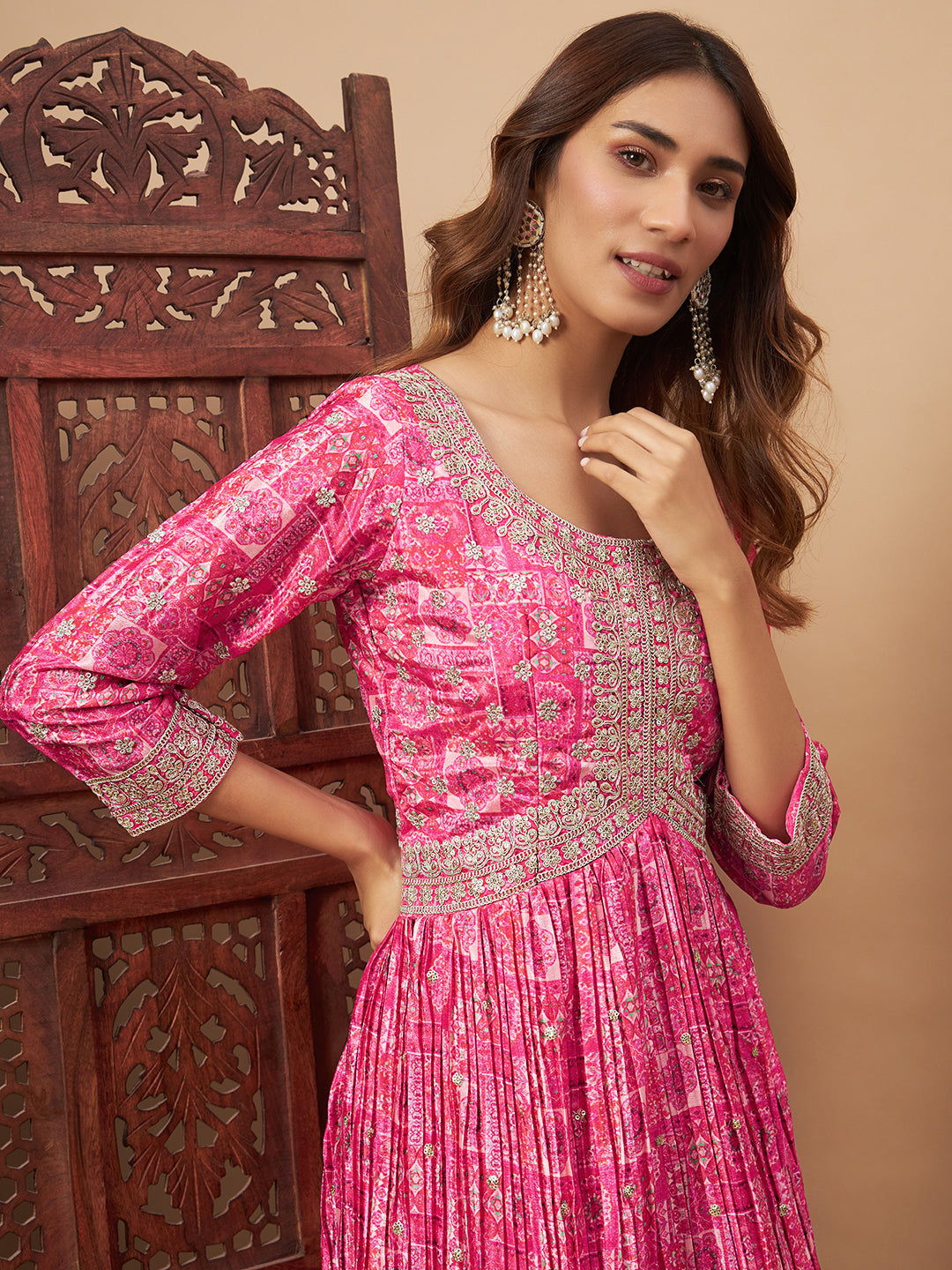 Chhabra 555 Alia-Style Embellished Digital Print Pleated Gown with Zari Embroidery & Ombre Dupatta