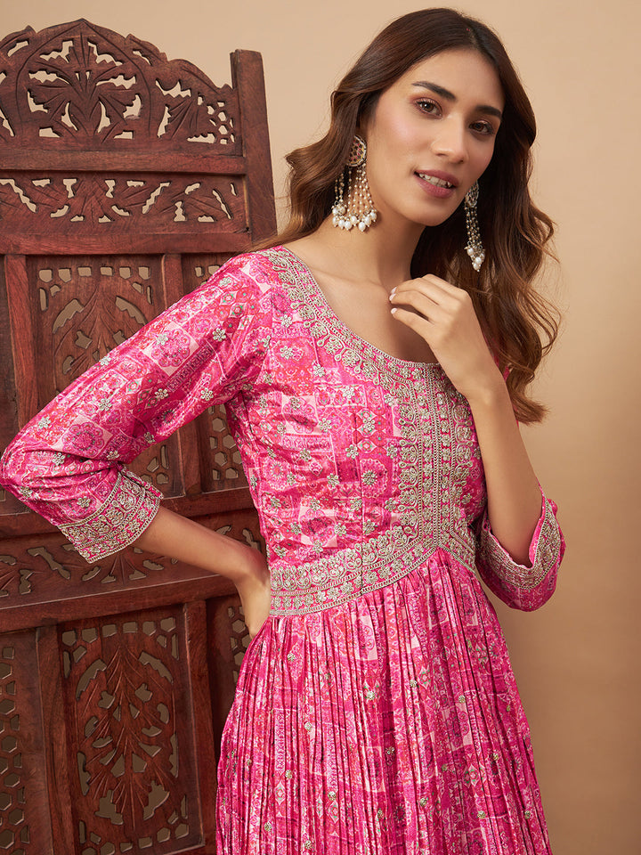 Chhabra 555 Alia-Style Embellished Digital Print Pleated Gown with Zari Embroidery & Ombre Dupatta