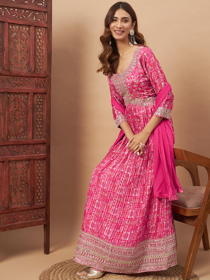 Chhabra 555 Alia-Style Embellished Digital Print Pleated Gown with Zari Embroidery & Ombre Dupatta