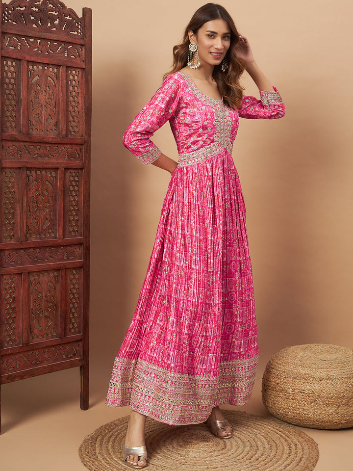 Chhabra 555 Alia-Style Embellished Digital Print Pleated Gown with Zari Embroidery & Ombre Dupatta