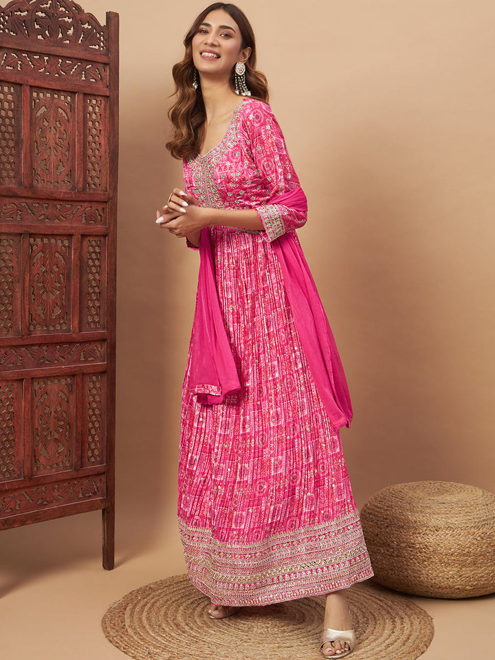 Chhabra 555 Alia-Style Embellished Digital Print Pleated Gown with Zari Embroidery & Ombre Dupatta