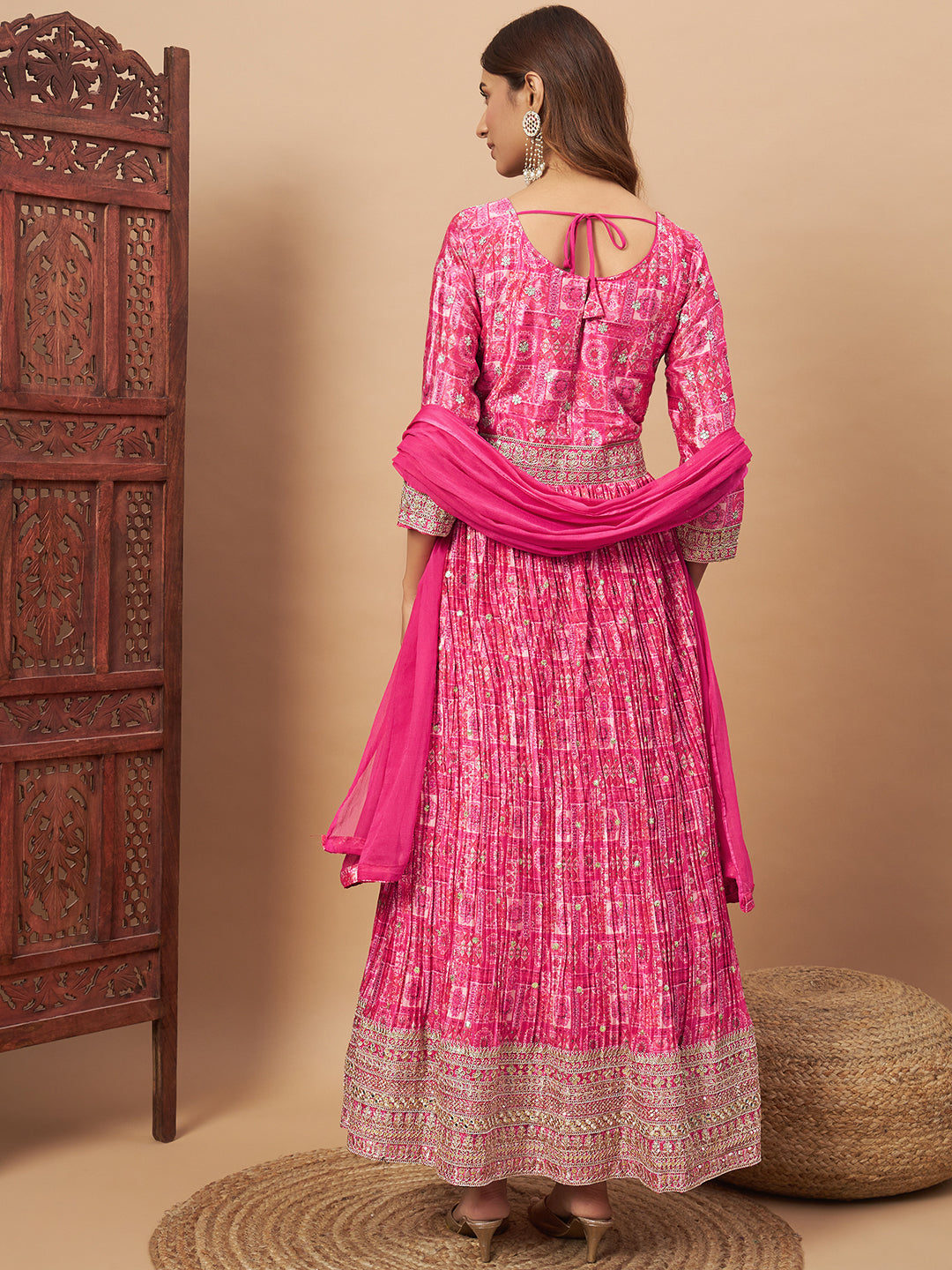 Chhabra 555 Alia-Style Embellished Digital Print Pleated Gown with Zari Embroidery & Ombre Dupatta