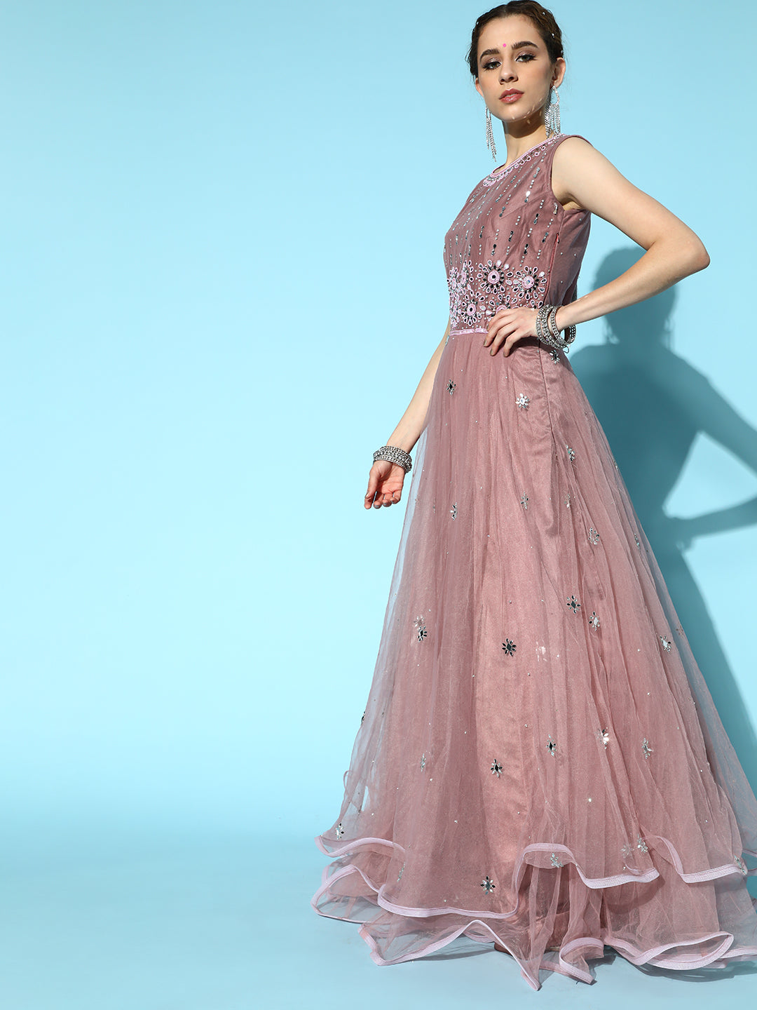 Floor Length Mauve Mirror Work Embellished Flared Gown
