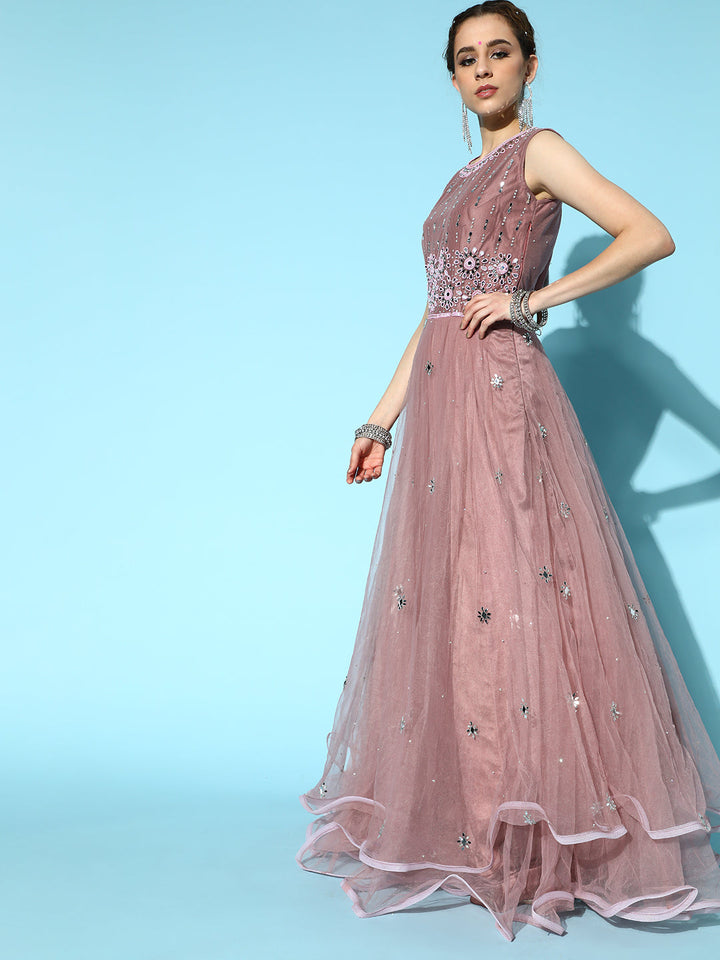 Floor Length Mauve Mirror Work Embellished Flared Gown