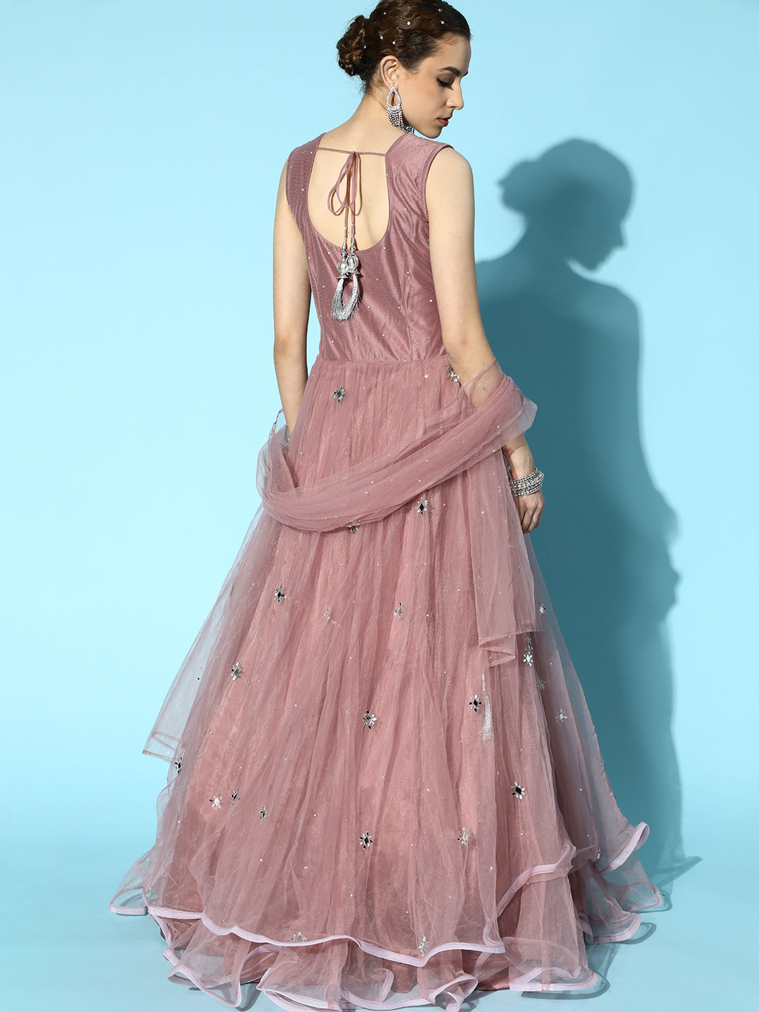 Floor Length Mauve Mirror Work Embellished Flared Gown